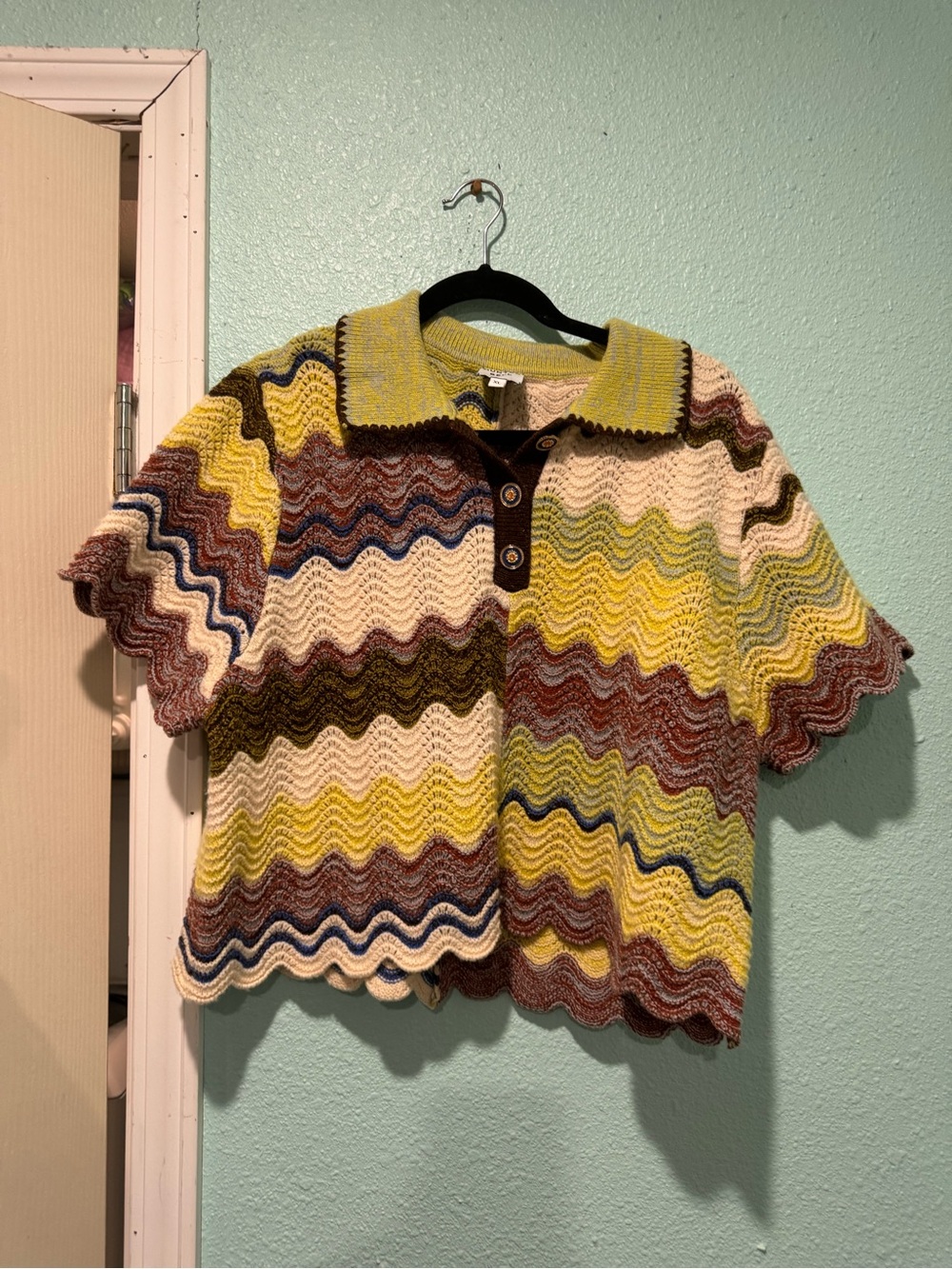 HUNTER BELL Nadine Sweater Multicolor Wavy Knit Polo - Yellow, Cream & Blue
